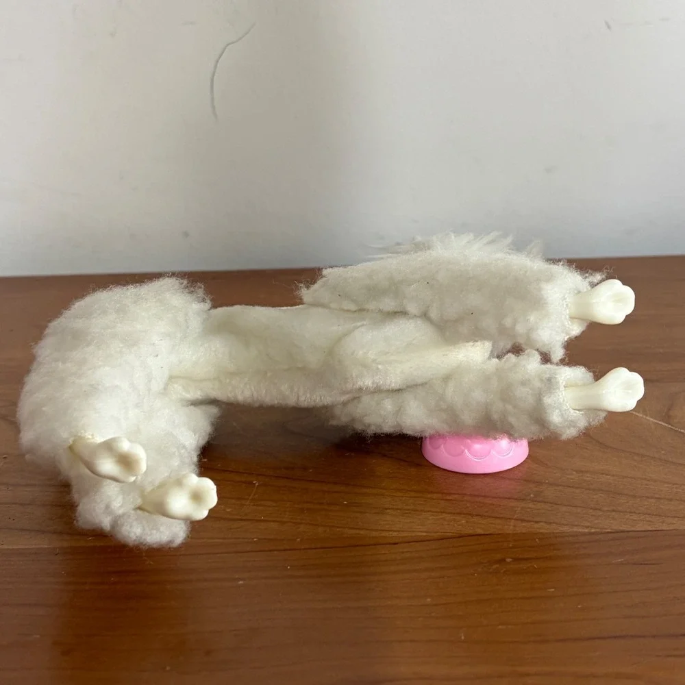 Vintage Mattel Barbie White Poodle Dog Prince Flocked Toy with Pink Bowl 1980s